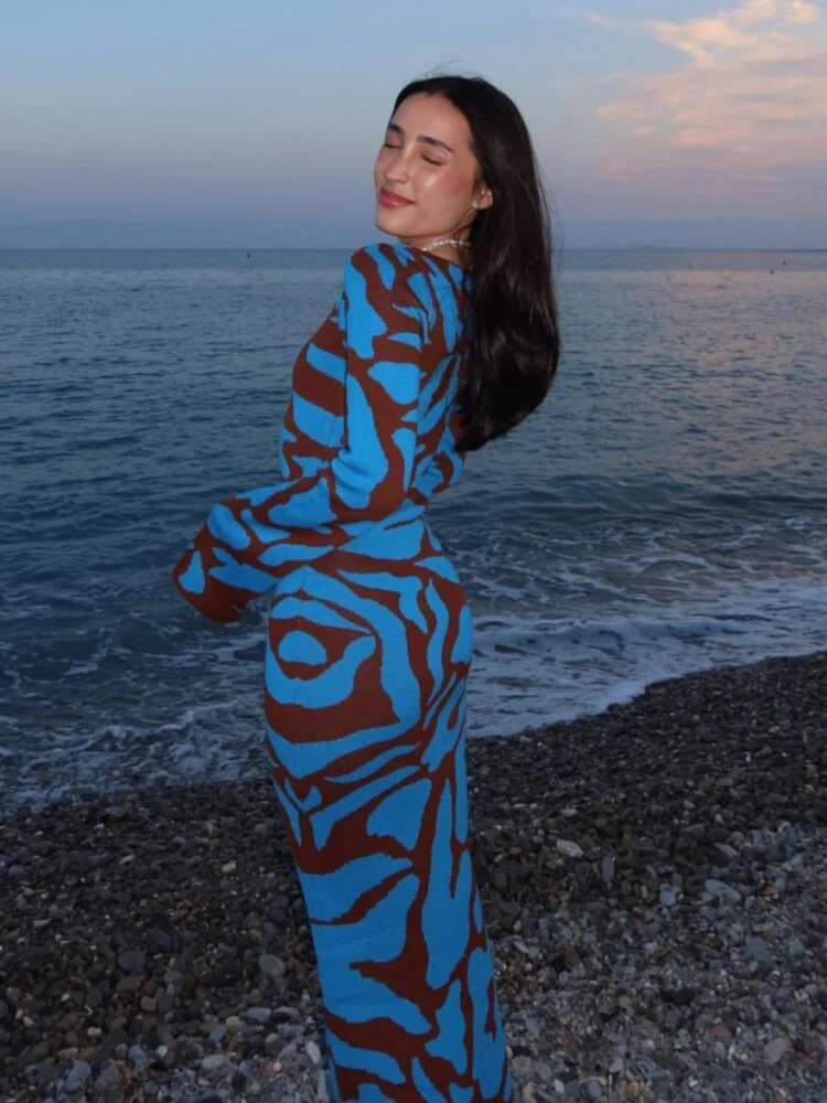 Autumn Knitted Bodycon Maxi Flare Sleeve Elegant Geometric Printed Party Dresses for Women 2023 Evening Club Long Dress