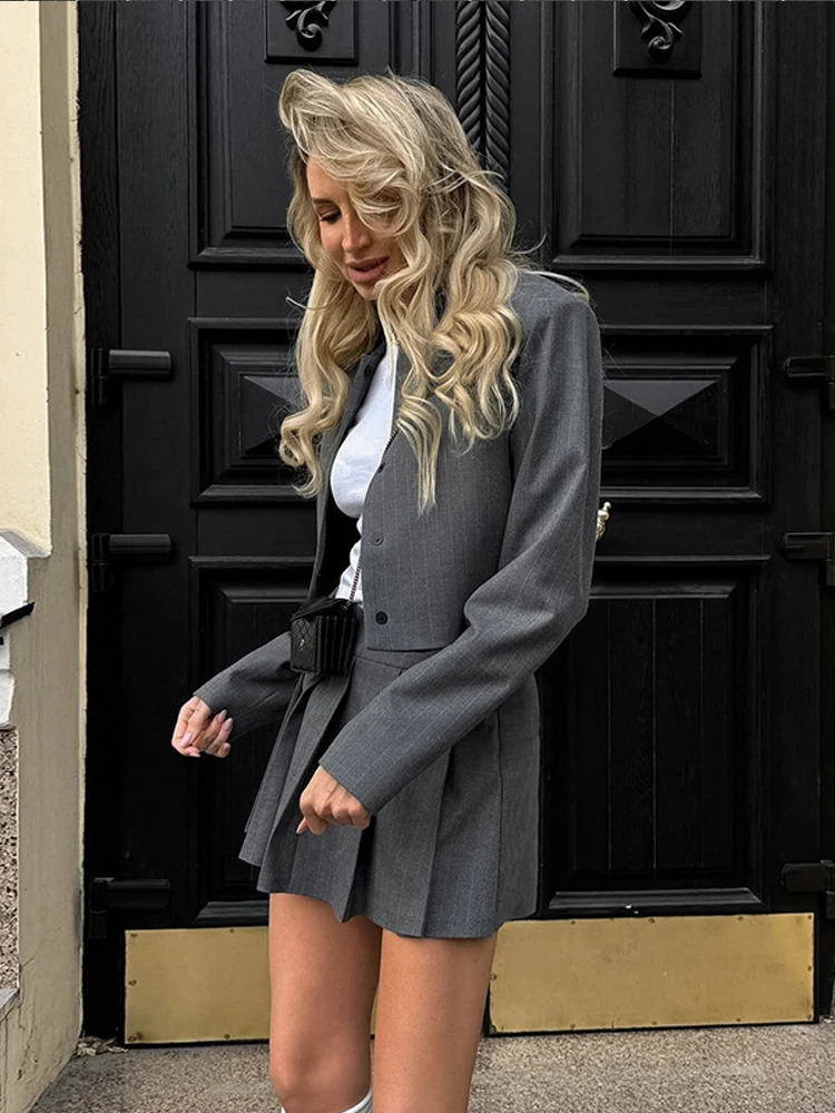 Striped Short Jackets Skirts Set Women Casual Long Sleeve Suit Coat Mini Skirt Sets Female Elegant Chic Gray Outfits Streetwear 250321