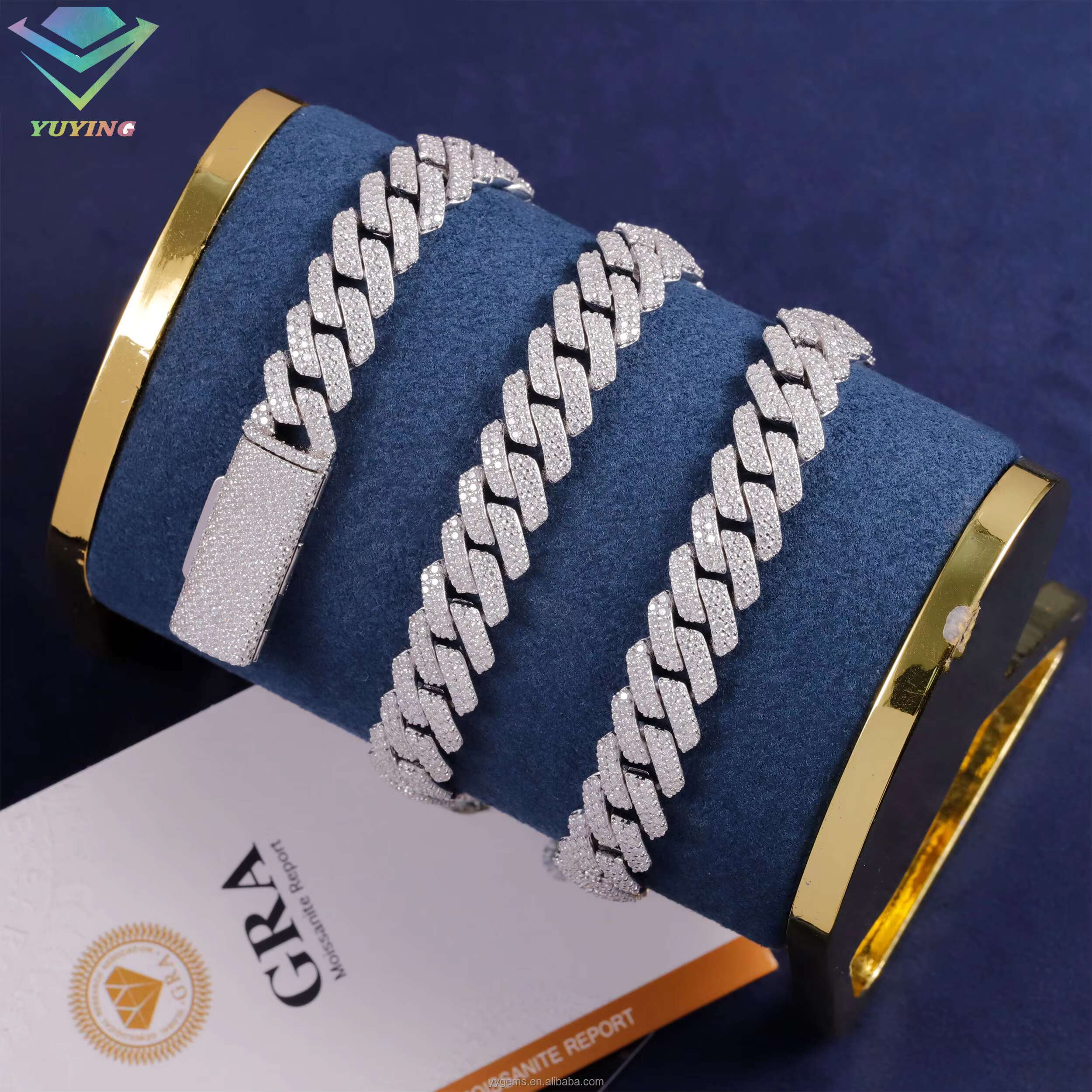 Bestest Selling Wholesale Price 925 Sterling Silver Necklace Hand Set VVS Moissanite 18K Gold Plated 10MM Cuban Link Chains