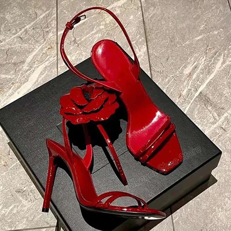 Red Rose High Heels Women's Sandals Square Toe Ankle Strap 9CM Stiletto Sexy Patent Leather Sgback Summer Party Banquet Shoes