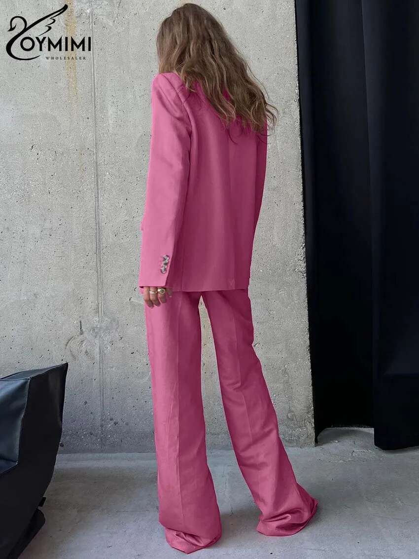Oymimi Fashion Blue Cotton For Women 2 Pieces Elegant Long Sleeve Single Button Shirts And Solid Wide Leg Pants Female Sets