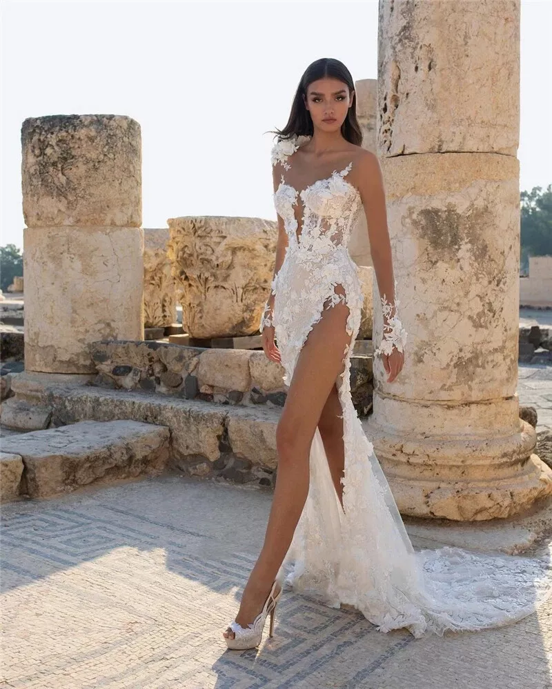 Sexy Backless Beach Wedding Dresses Side High Slit Lace Long Boho Bridal Gown With 3D Floral Appliques Transparent Full Sleeves Illusion Vestido De No