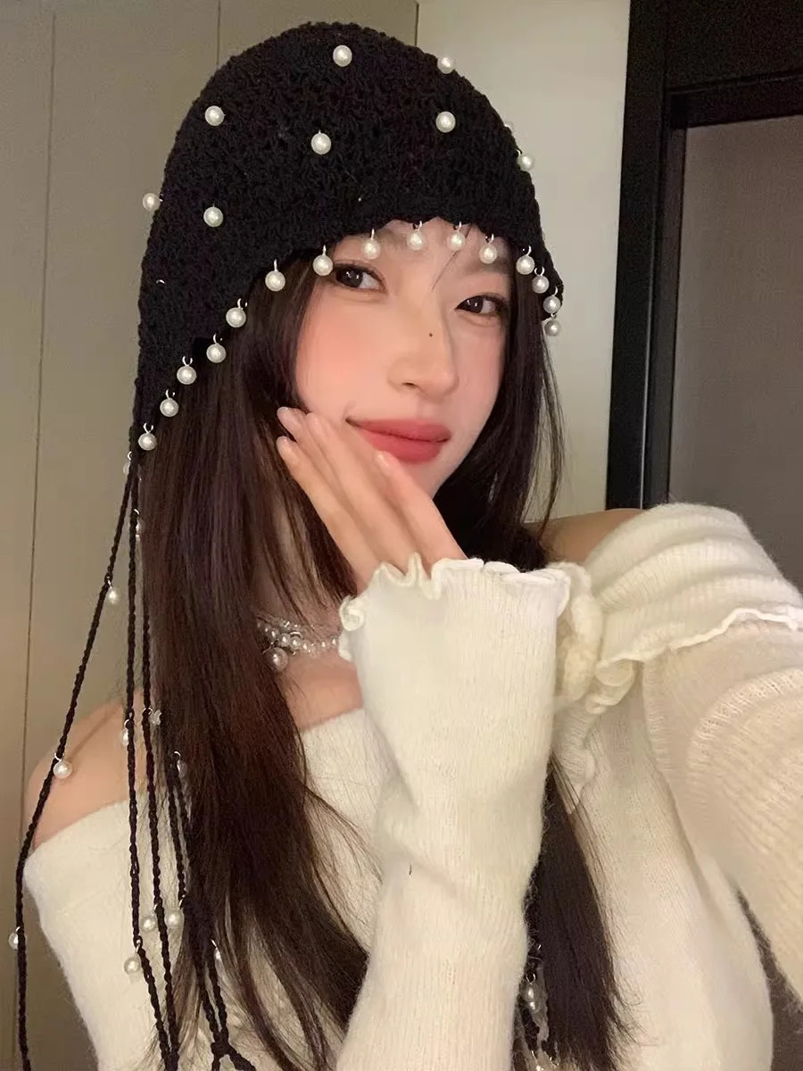 Bohemian Woven Hollowed-Out Baotou Hat Ladies Summer Thin Breathable Pearl Tassels Adorn Ethnic Wind Pile Hat 250321