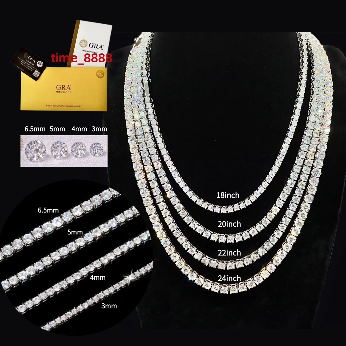 Iced Out Moissanite Chain Pass Diamond Test VVS Miossanite Jewelry 3mm 4mm 5mm 6mm 925 Sterling Silver Moissanite Tennis Chain