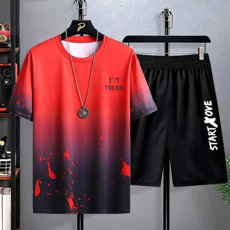 Summer mens casual suit thin quick drying round neck short sleeved Tshirt youth home wear sports twopiece set 250326
