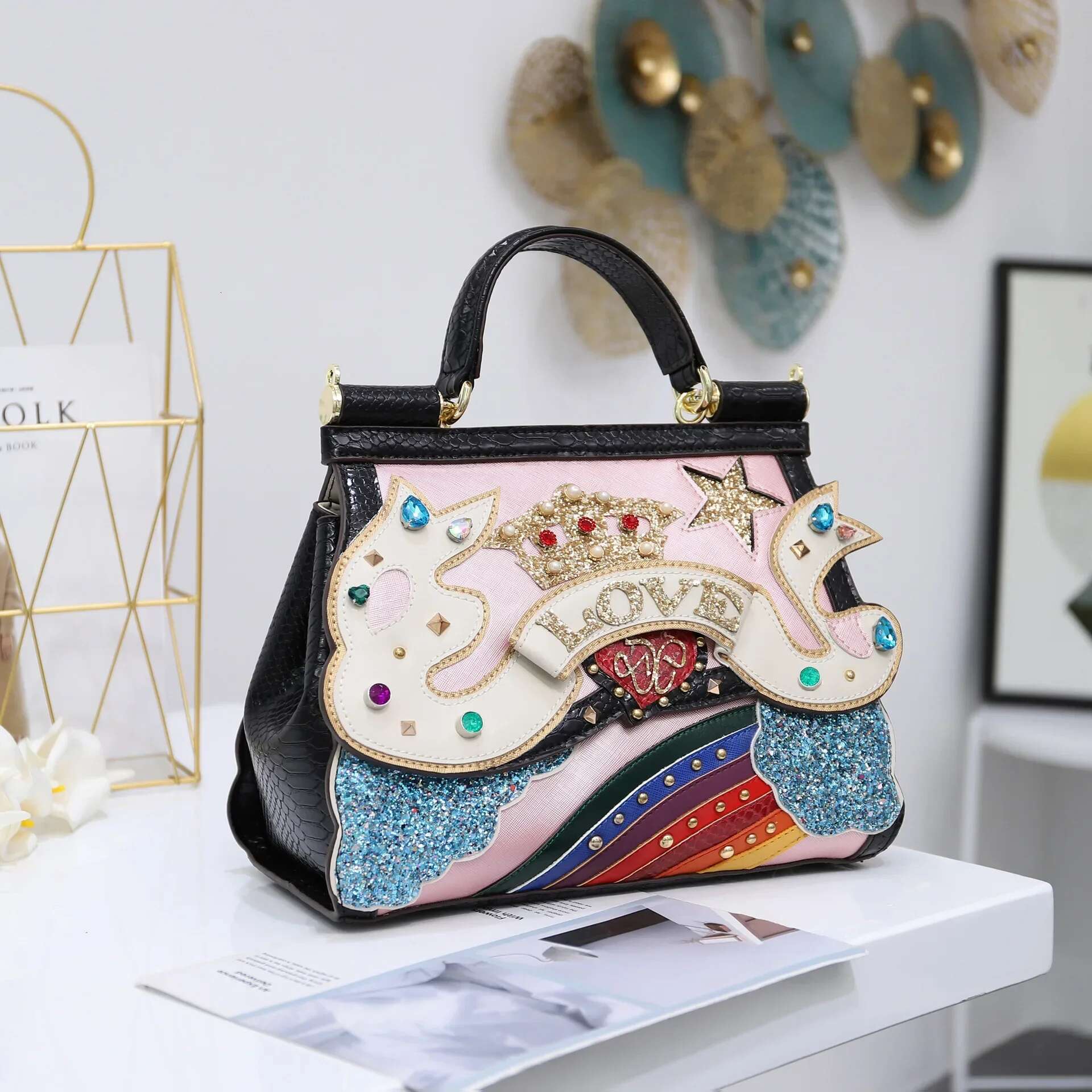Classic Frame Appliques Serpentine Leather Shoulder Bag 3D Decoration Crossbody Bags For Women Bolsa Feminina