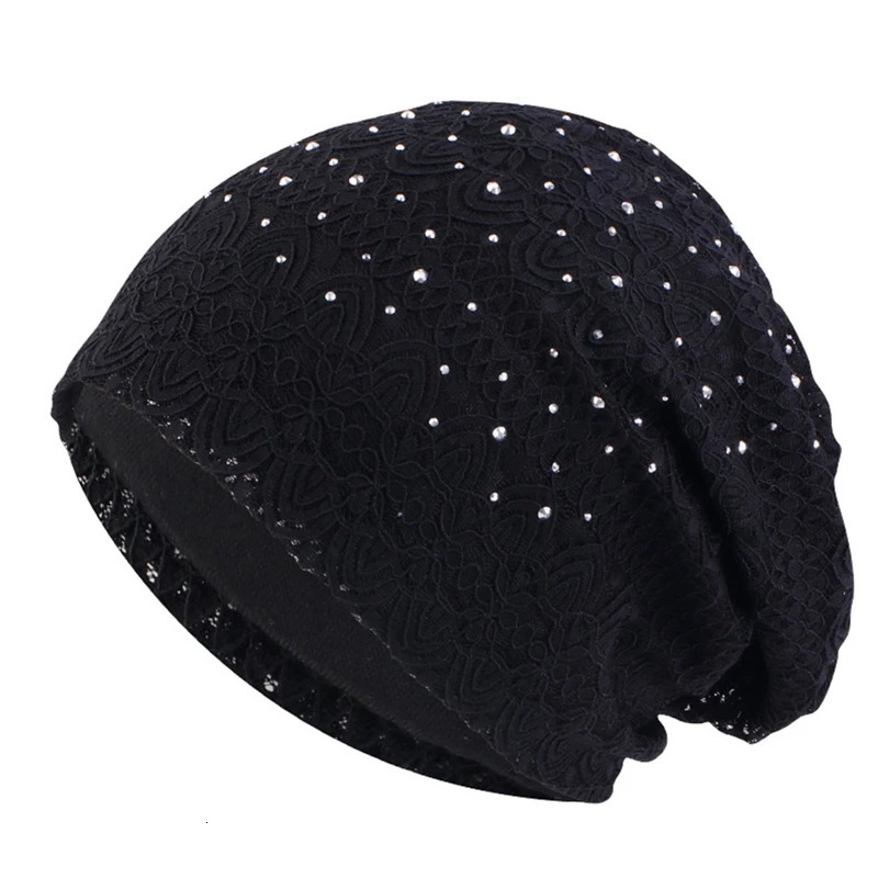Crystal Lace Beanies Hat Women Slouchy Knit Hats Flower Headscarf Cap Ladies Comfortable Fashion Skullies Turban Hair Cover 250321