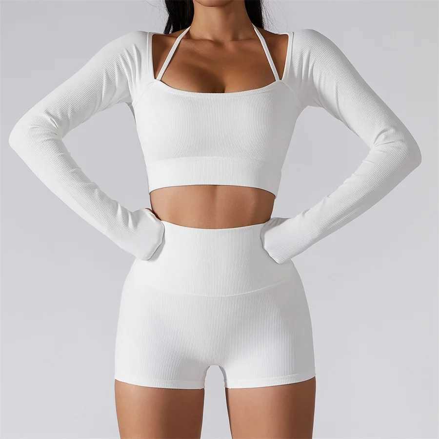 2-piece yoga short sleeved set womens white long sleeved mat push up crop high waist fitness gym set sportswear ultra-thin exercise clothing W250326