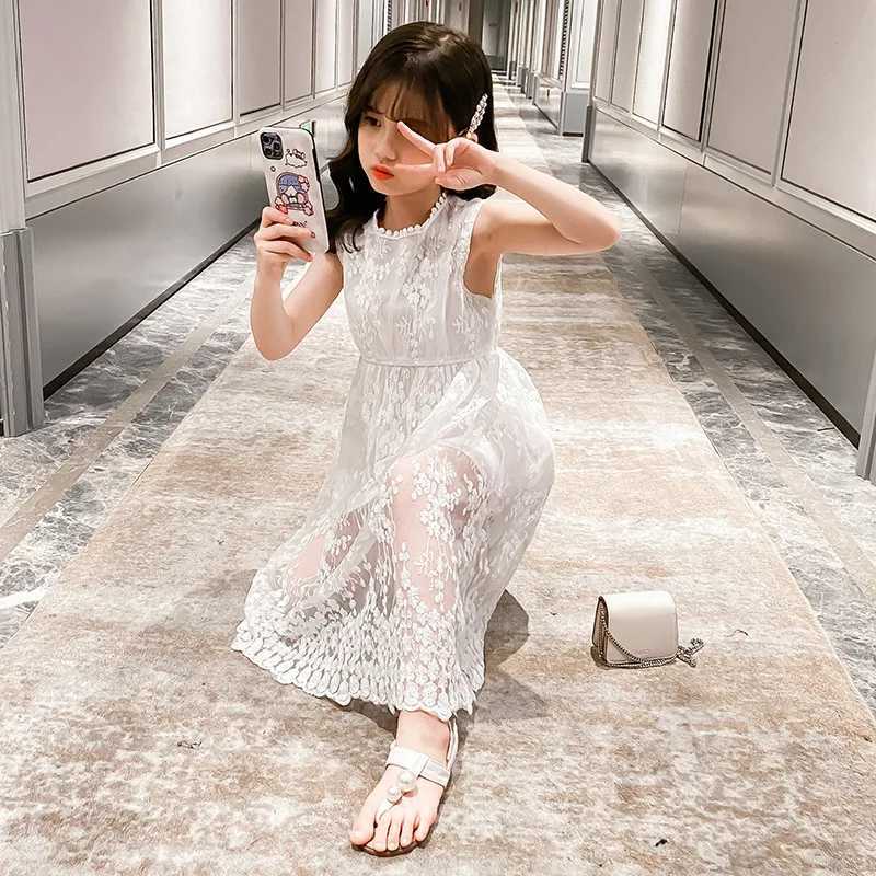 Summer 2025 Youth and Childrens Girls Clothing Flower Net Princess White Dress Sleeveless Shoulders 5 6 7 8 9 10 11 12 Years Old W250326