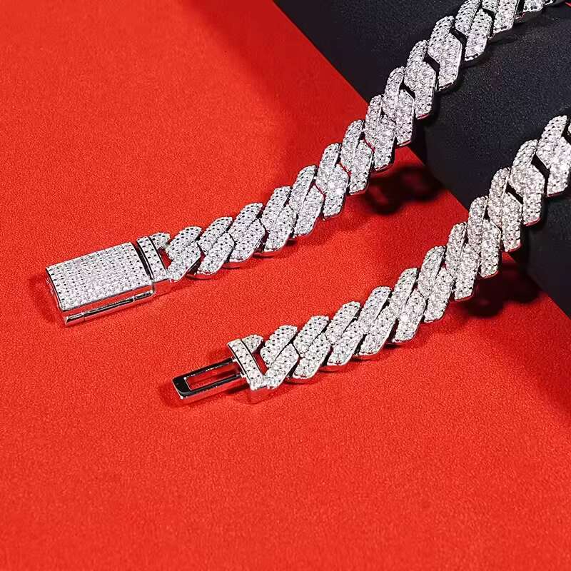 7Carat Fashion 8mm-16mm Custom 925 Sterling Silver Hip Hop Real Moissanite Stone Cuban Link Necklace With All Plated