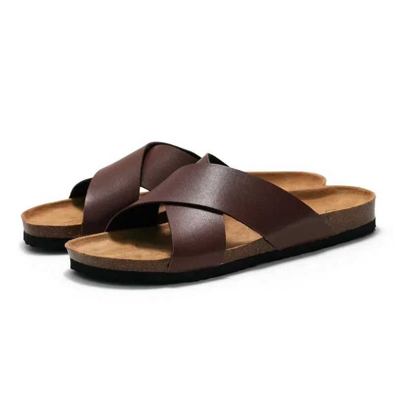 New mens beach cork slider summer womens solid color N-Slip outdoor PU leather slider shoes casual flip sliderXJ250326