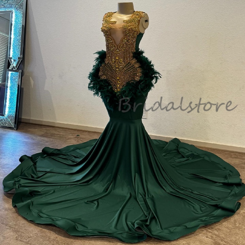 Statement-making Green And Gold Prom Dress With Diamond Rhinestone Plus Size Mermaid Black Women Evening Dress Feather Customized Bespoke Occasion Par