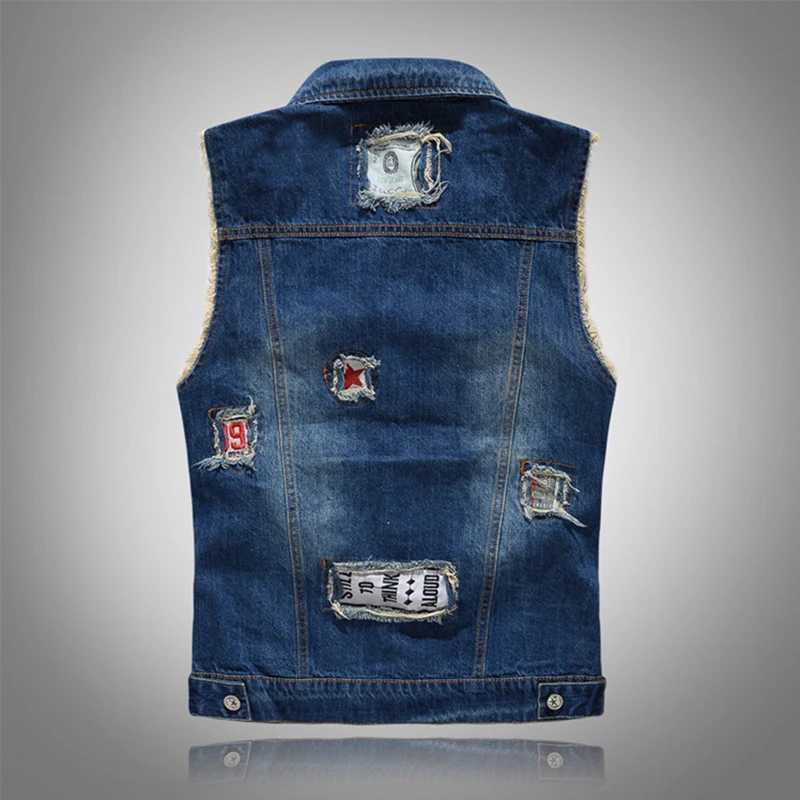Spring and summer mens denim vest fashion mens hip-hop patch hole waist jacket mens nightclub party jeans sleeveless jacket clothing T250326