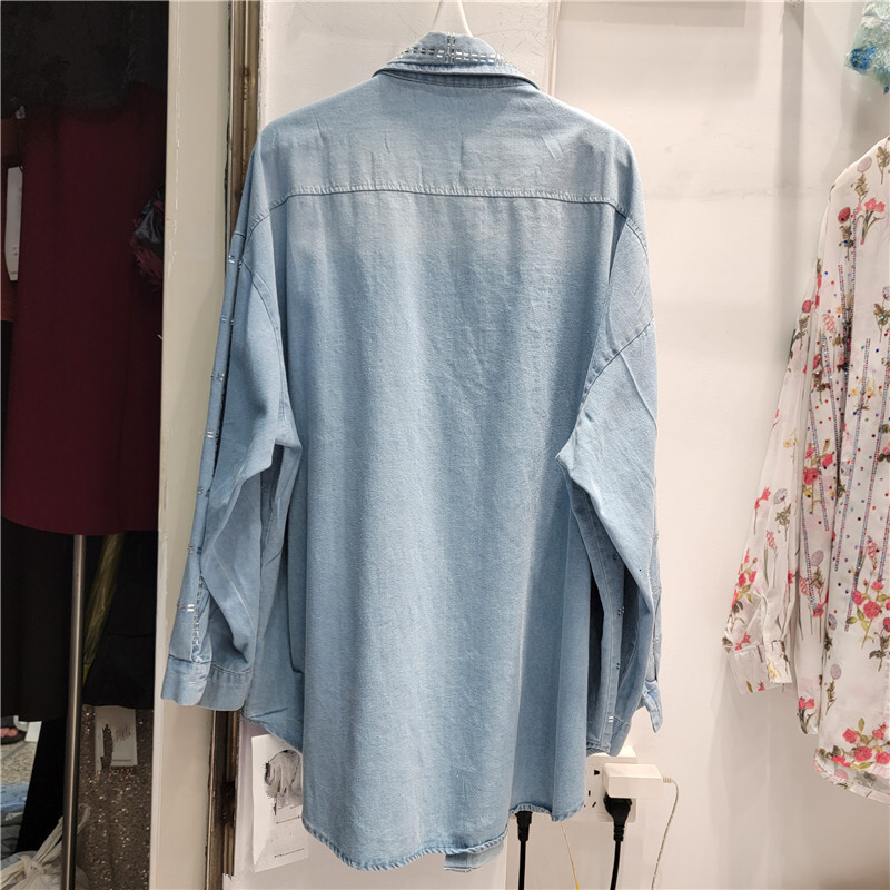 European goods heavy industry hot stamping denim shirt, women's spring and autumn design, niche, loose, medium to long length top, shirt jacket, 