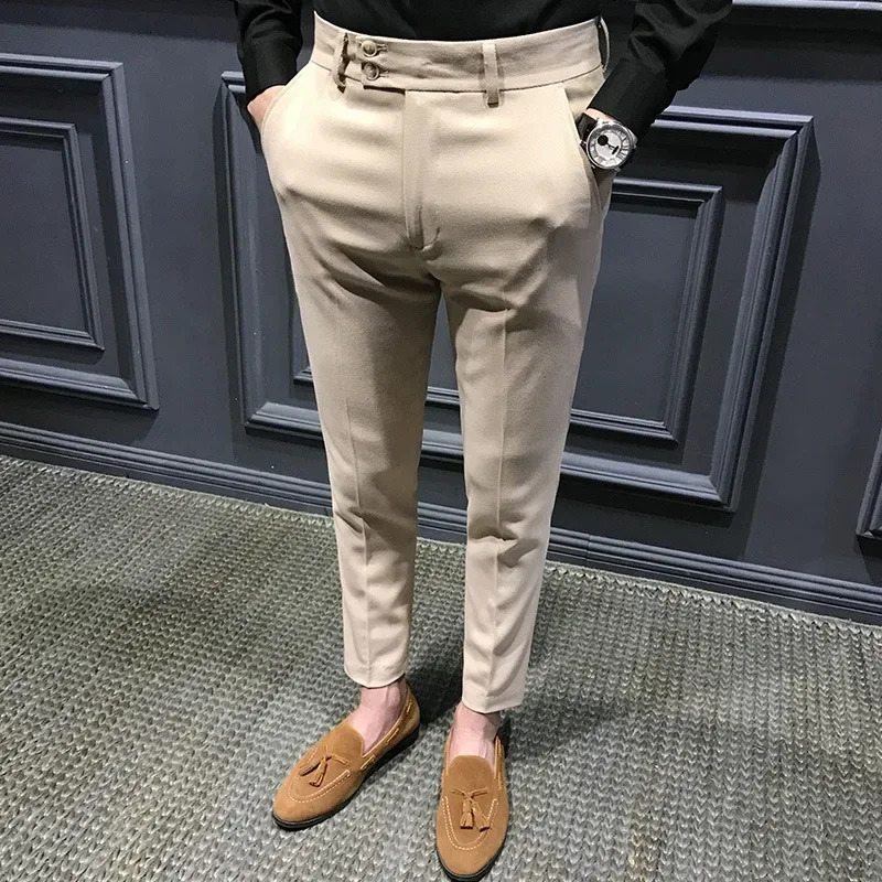 Spring Autumn Mens Slim Fit Korean Style Suit Pants Casual Nine Point Length Trendy White Pants For Office Wear 250325