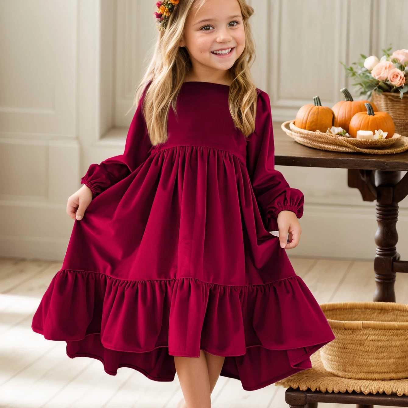 New 7-12-year-old girls spring and autumn winter velvet long sleeved pleated hem dress princess children Par dress childrens clothing W250326