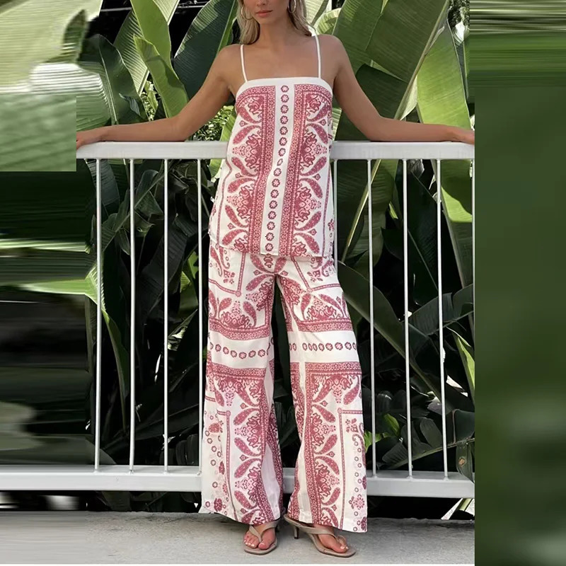 Sexy Off Shoulder Sling Top Long Pant Set Women Casual Sleeveless Loose 2Pc Outfits Fashion Patterm Print Bohemian Suits 250321