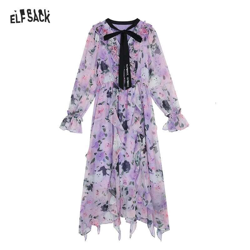 ELFSACK 2025 Spring New Arrivals French Elegant Print Bow Tie Chiffon Pleated Ruffles Vacation Long Dress