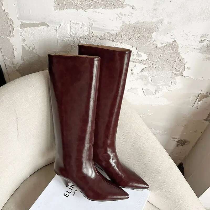 High Heel QUTAA News Winter Women Knee High Pointed Toe Fashion Woman Shoes Low Heel Leather Long Boots Black Size