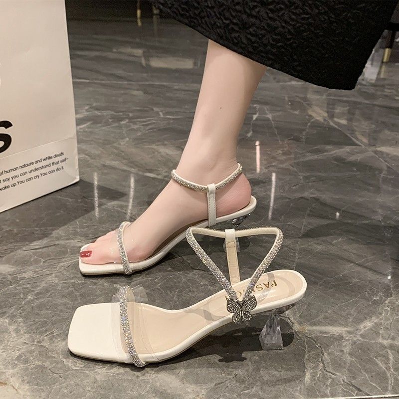 Transparent One Word Water Diamond Open toed Sandals 2025 New Summer Outerwear Slippers with Thin Heels and High Heels for Women