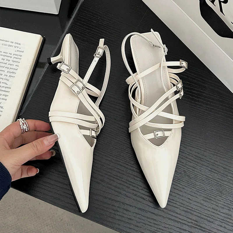 Red Fem Pointed Toe Footwear Sexy Par Ladies Heeled Sandals Shoes Fashion Buckle Strap Wen Low Heel Sandals Shoes Z250326