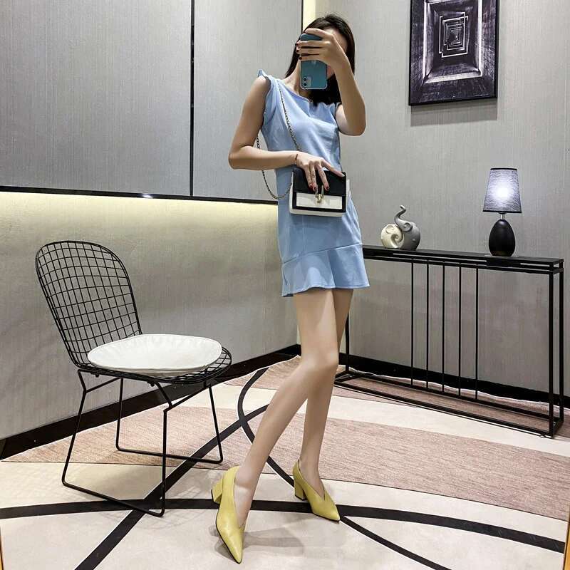 New Spring Autumn HIgh Heel Elegant Chunky High Heeeled Pumps Sexy Pointed Toe Evening Women V Cut Shoes c324