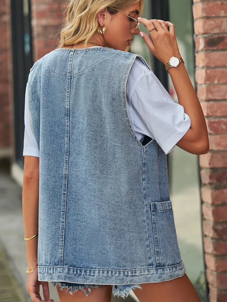 Benuynfy vintage big V-neck denim vest for womens spring and summer washing casual pocket sleeveless denim jacket for womens loose jacket 250320