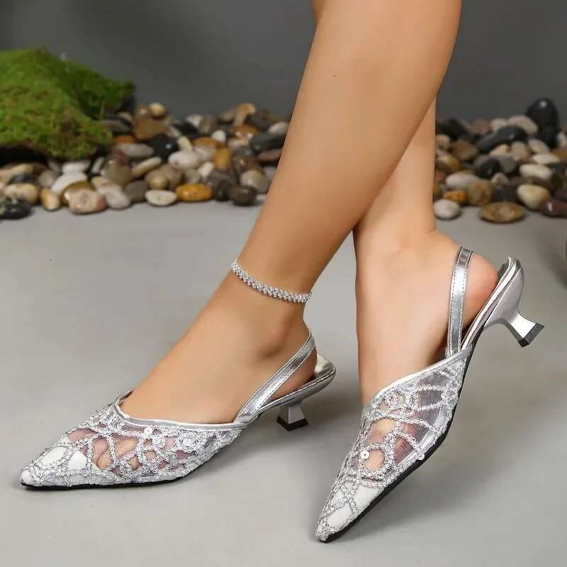 2025 Summer New High Mesh Dress Designer Fashion High Heels Women's Pointed Thin Heels Women's Sandals