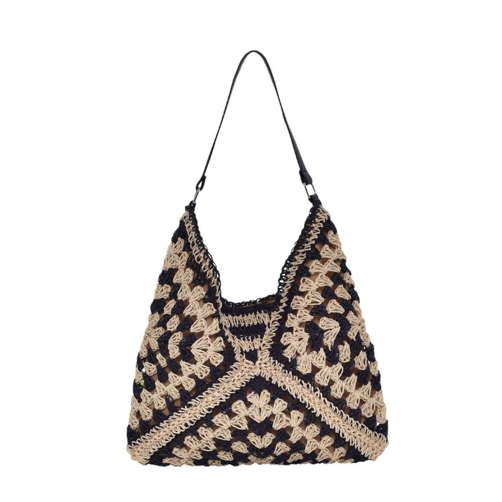 f5 Handmade straw hollow square flower large triangle contrasting woven shoulder bag