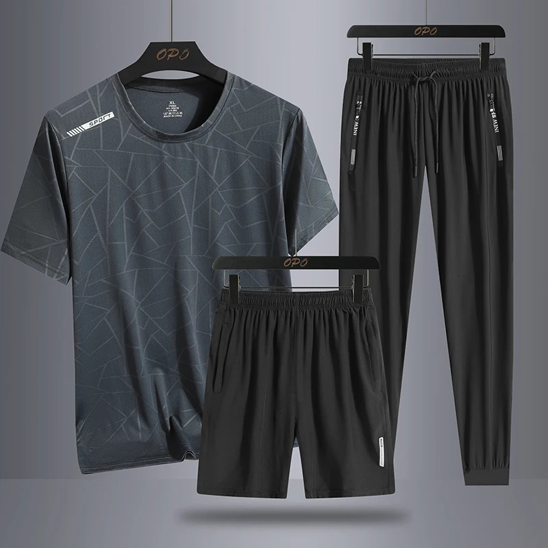 Summer camouflage ice silk trend personalized sports three piece set round neck Tshirt shorts loose and casual pants 250326