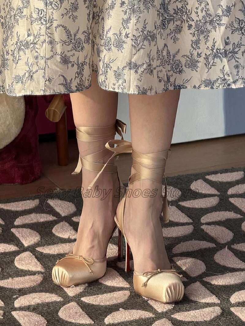 Cowhide Satin Square Toe Ballet High-heeled Shoes For Women New French Style Sirls Bow Tie Back Strap Sandals