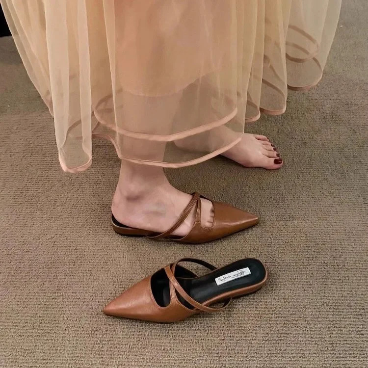 Summer Brown Women Flat Shoes Fashion Pointed Toe Slip On Mules Shoes Soft Flat Heel Outdoor Vaction Ladies Sandals 250325