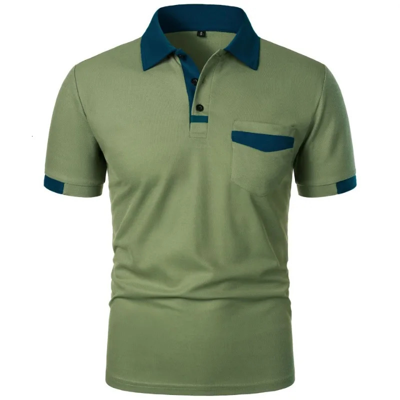 mens short sleeved solid color polo shirt with pockets breathable and loose basic lightweight top 250326
