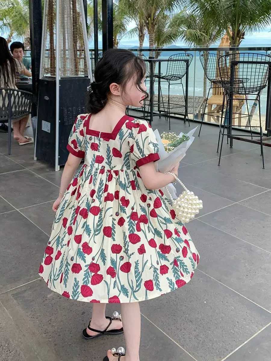 Childrens girls floral print dress 2024 new arrival Childrens princess rose print summer dress Youth girls sweet bow dress W250326