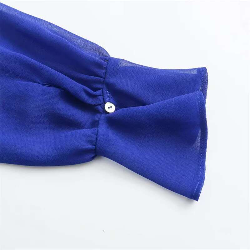 KEYANKETIAN New Launch Women's Tie Decoration Royal Blue Shirt Elegant Office Lady Petal Sleeve Chiffon Blouse Pullover Chemise