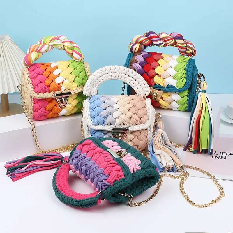 Finished Hand-Woven Cloth Cross-Body Chain Bag2024hot Sale Women's Tote Aron Color Shoulder Bag Clutch