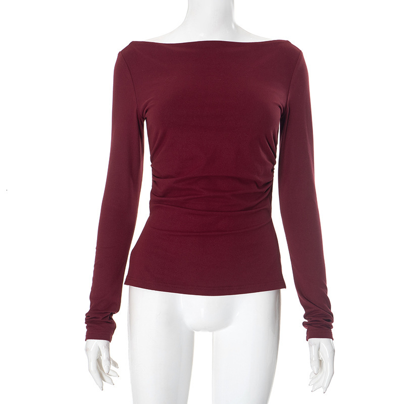 2025S Fashion Designer Y TP Style Women S Autumn And Winter One Collar Pleated Waist Cinched Slit Solid Color Pullover Top T Shirt