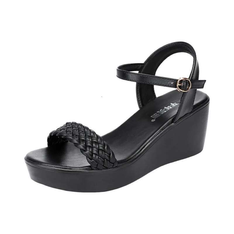 2025 Summer New Women's Leather Designer Fashion Wedge Sandals 6cm Middle Heel New Open toed Elegant Shoes