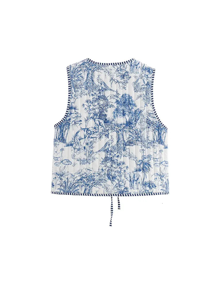 Autumn Women Vintage Printed Lace Up Sleeveless Quilted Padded Jacket Cotton Coat Vest Crop Top Y2K 250320