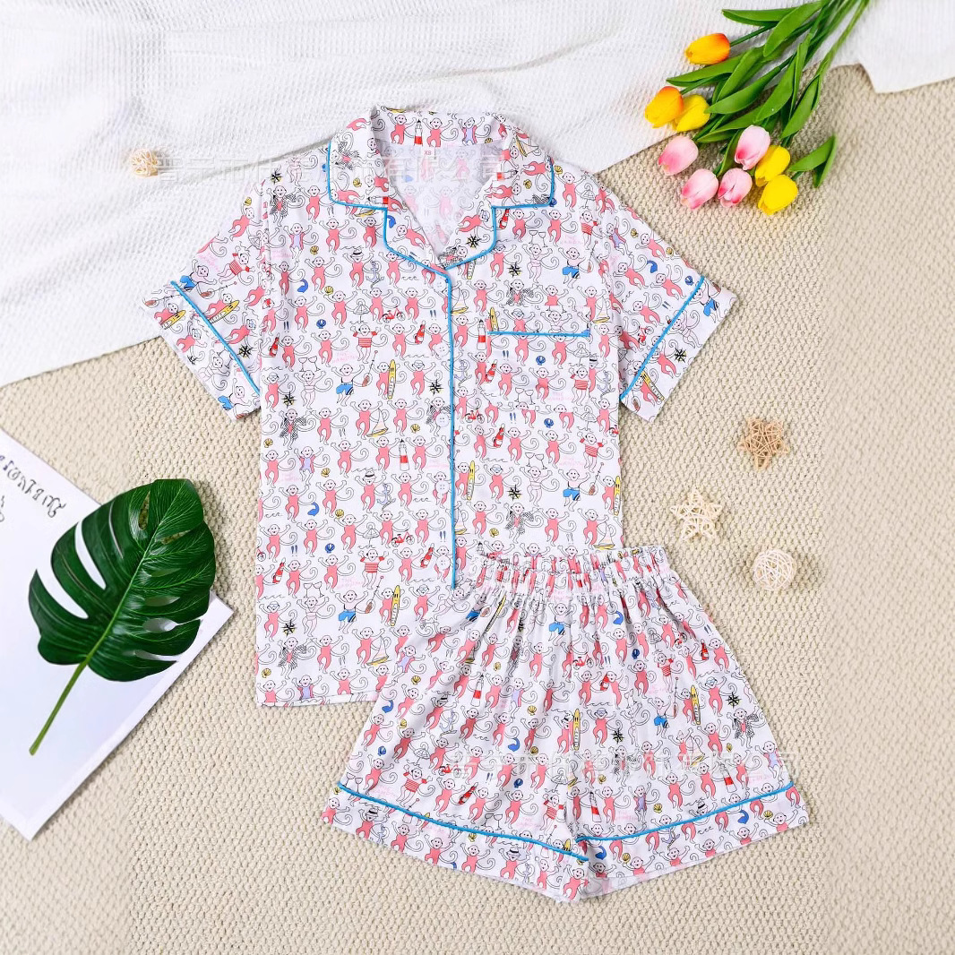 Children's cartoon animal monkey print South Korean silk sleepwear set with short sleeves and elastic waisted home clothes