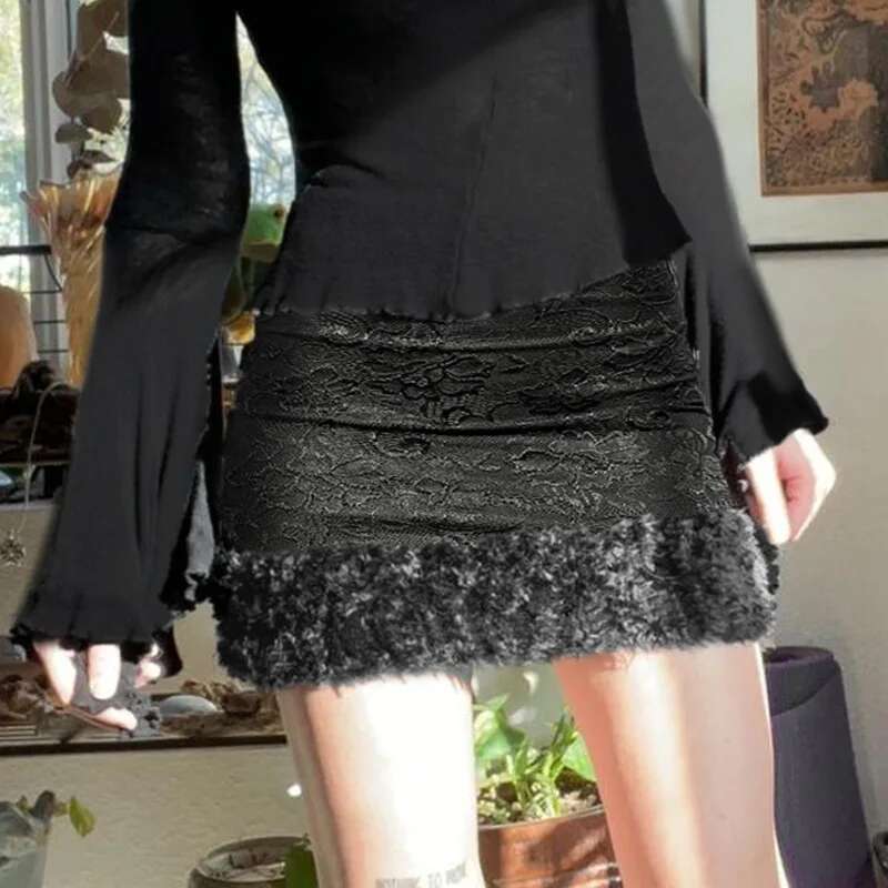 Dongdumaoyi Nieuwe Chinese Stijl Bont Patchwork Bodycon Rok Sexy Hot Meisje Kant Getextureerde Midi A