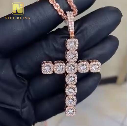 Rose Gold Plated Custom Hop Jewelry Cross Pendant Iced Out Diamond 925 Sterling Silver Full VVS Moissanite Pendant Necklace