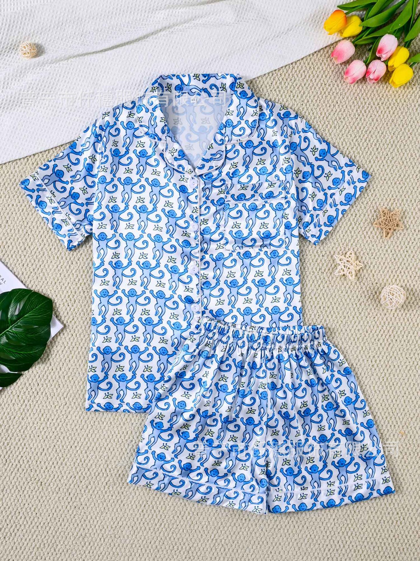 Children's cartoon animal monkey print South Korean silk sleepwear set with short sleeves and elastic waisted home clothes