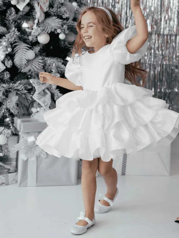 Customized pink floral girl wedding dress for layered knee length bow tie little girl photo birthday party dance dress W250326