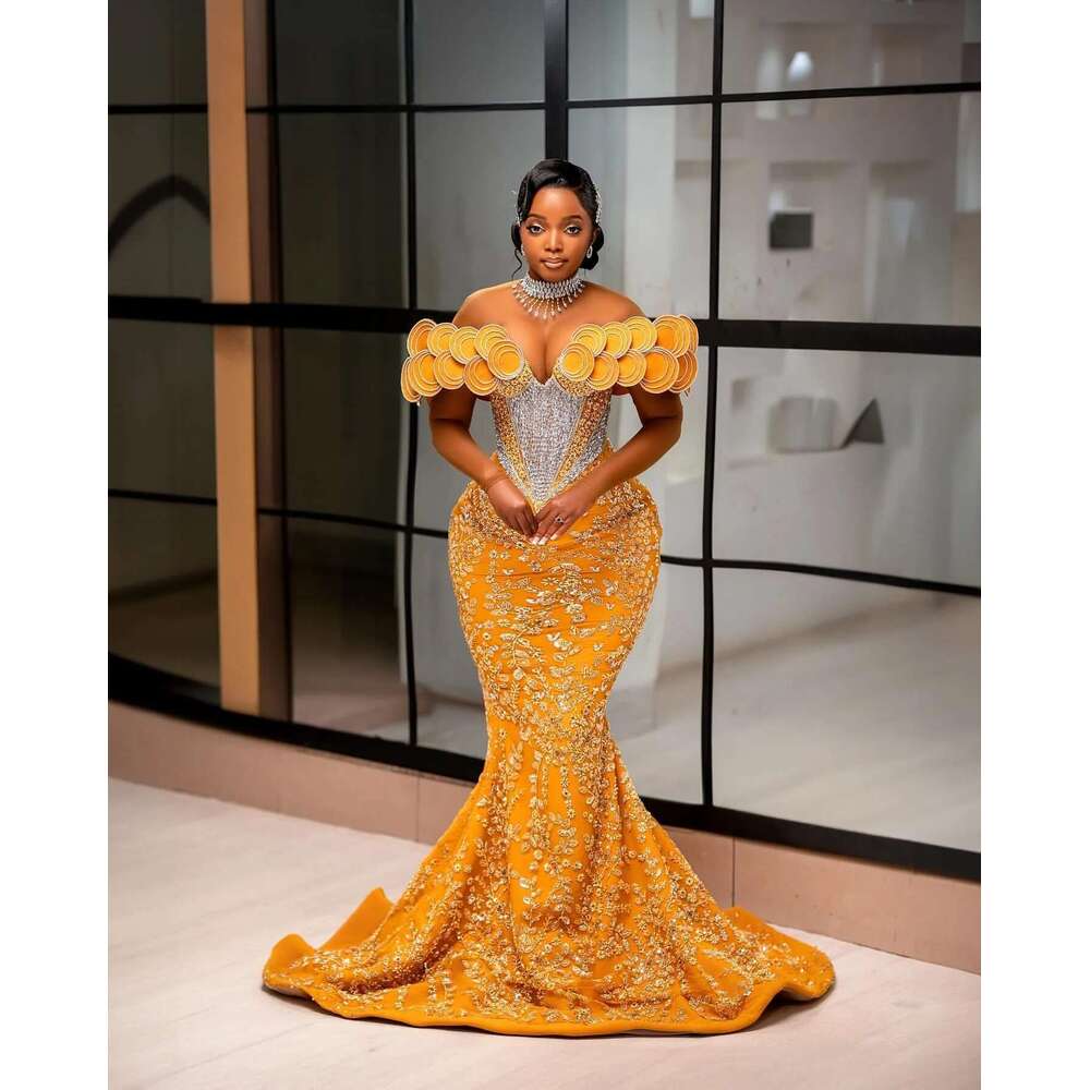 2024 Aso Ebi African Yellow Mermaid Prom Dresses Lace Rhies rals Evening Party Second Engagement Birthday Gowns Dress