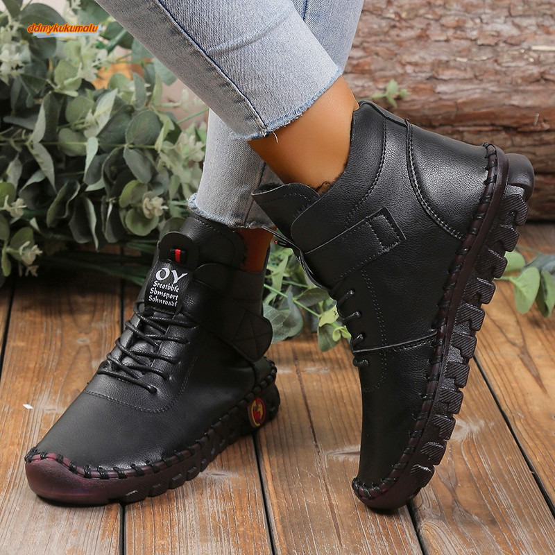 Large size cotton hand sewn thick cowhide sole, hairy women's shoes with winter velvet insulation, mom's shoes, soft soled short boots ddmyk