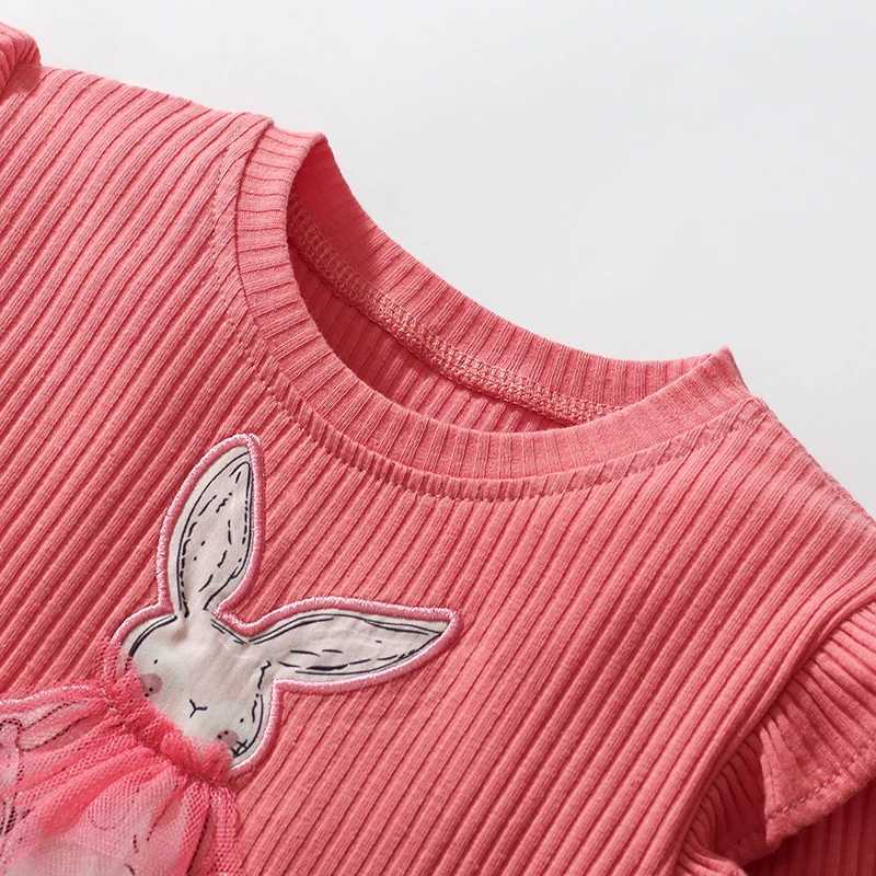 Small fur baby girl childrens clothing childrens clothing 2024 autumn cotton long sleeved rabbit mesh dress 2-7 years W250326