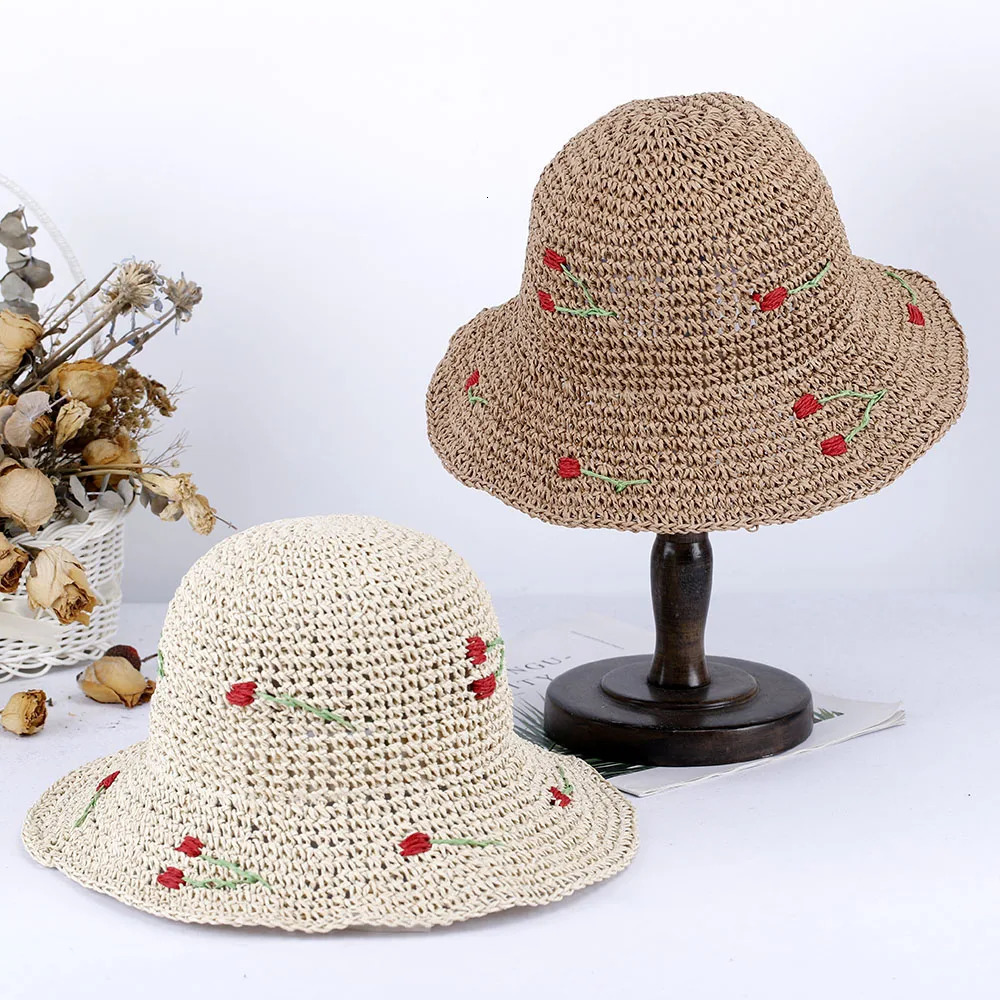 2025 Girl fashion Style bucket hat cherry Foldable Sun Crochet Hat For Beach Travel And Vacation handmade straw hat 250326