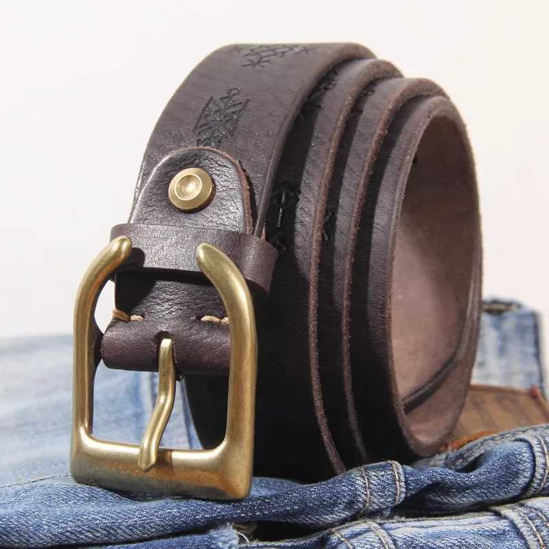 Ultra thick cowhide personalized brass trumpet shaped buckle mens belt retro laser engraving lucky Phaeton symbol denim belt W250326