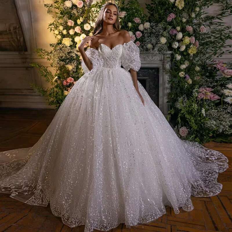 Customized Elegant Ball Gown Strapless Lace Wedding Dresses or Length Beaded Puff Sleeves Bridal Dress with Chapel Train